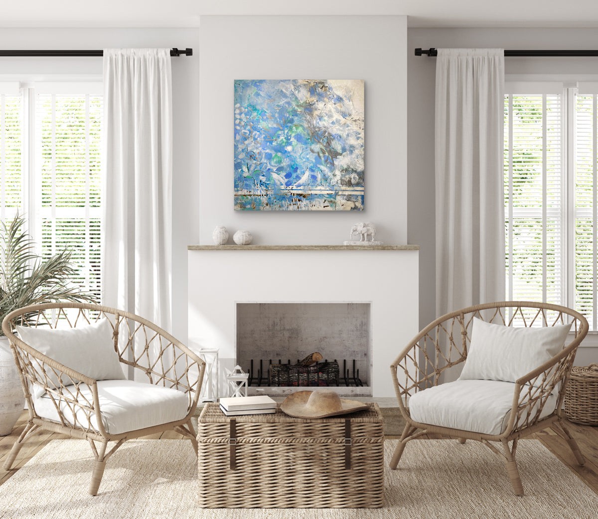 An encaustic painting with blue and turquoise marks is hung in a living room above a fireplace. Wired and ready to hang.