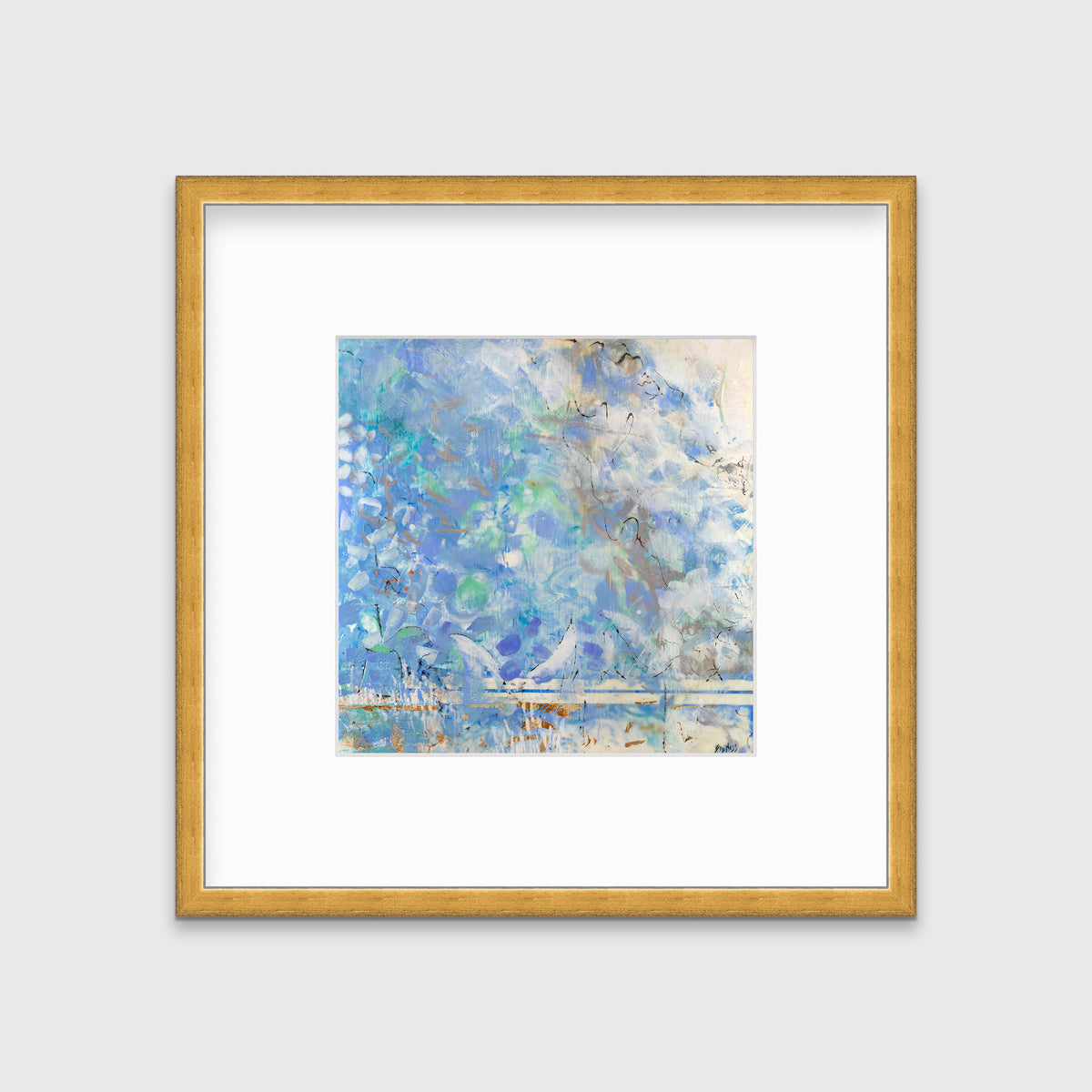 A lavender, blue and cream abstract print in a gold frame with a mat hangs on a white wall.