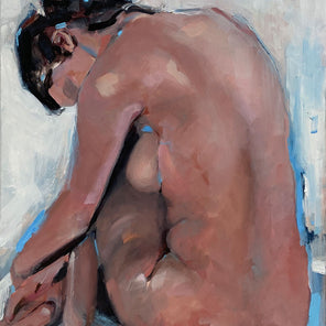Abstract figurative painting with blue accents by Kelly Rossetti. 