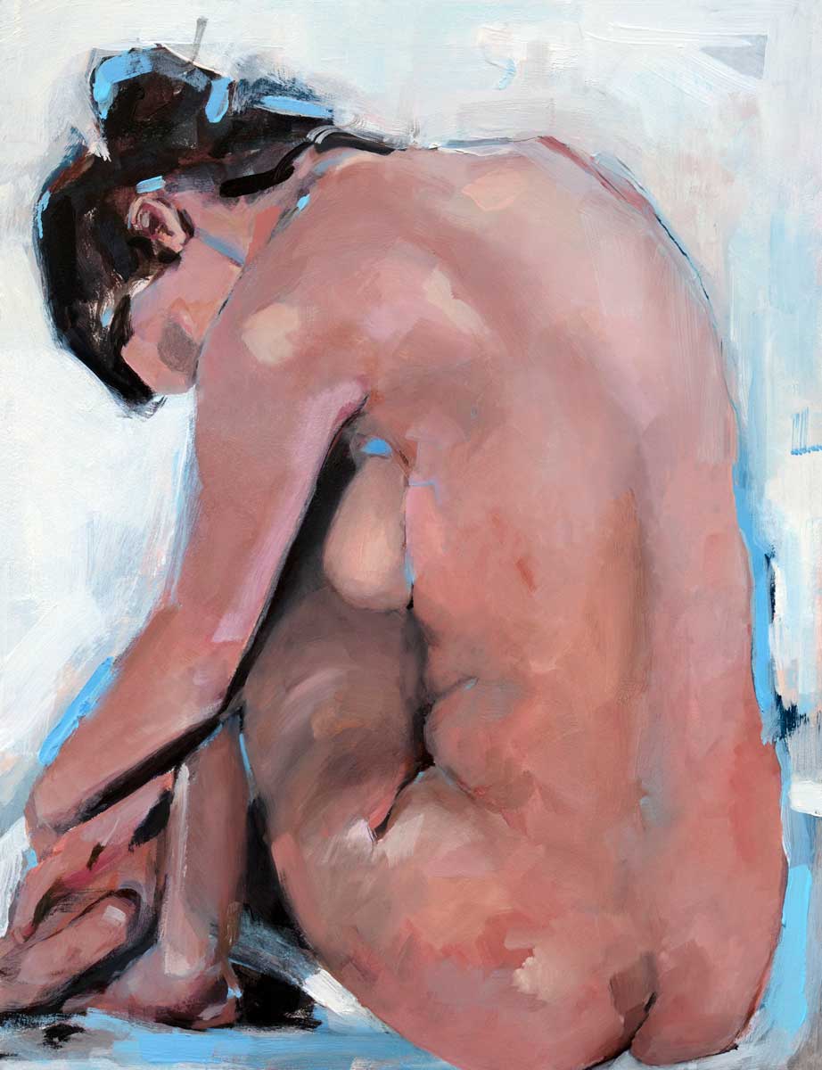 A contemporary seated figure facing away curled into themselves by Kelly Rossetti.