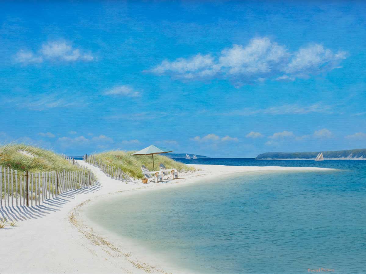 A blue, beige and light green contemporary seascape print by Daniel Pollera.