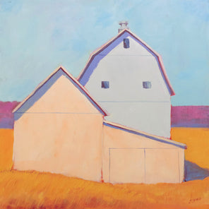 A painting of a pale blue and cream colored barn. Wired and ready to hang.