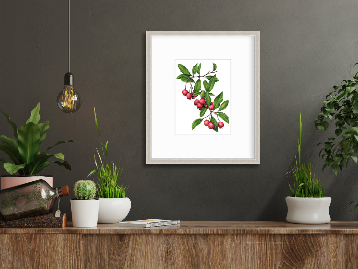 A red berry and green leaf print in a silver frame with a mat hangs on a dark grey wall above a natural wood surface with a spiral notebook, several potted plants and a decorative bottle.