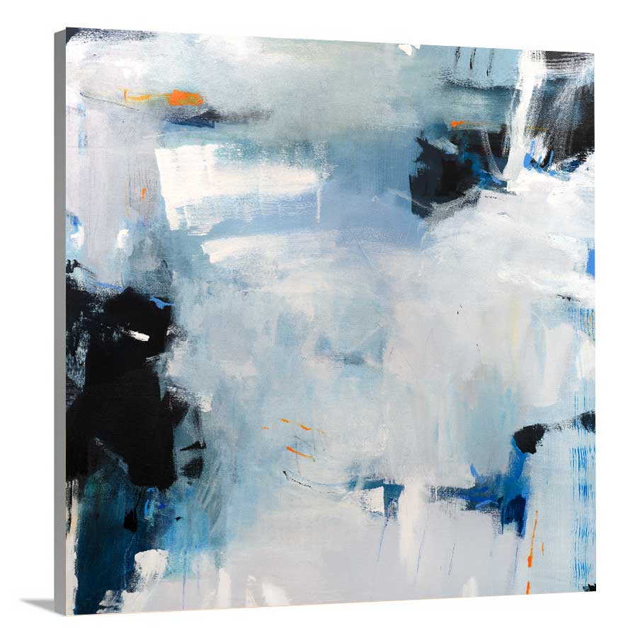 A side-angle view of a blue and grey abstract print by Kelly Rossetti on canvas.