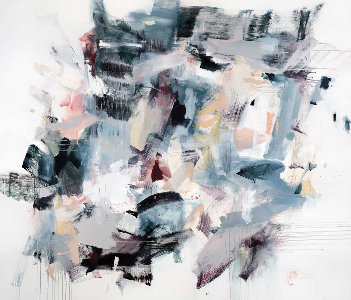 Multi-colored cool toned abstract painting by Kelly Rossetti.