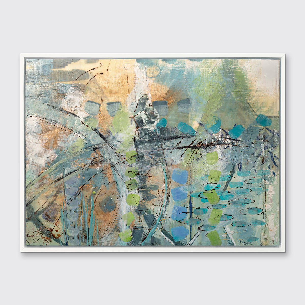 A blue, green, orange and black abstract print in a white floater frame hangs on a white wall.