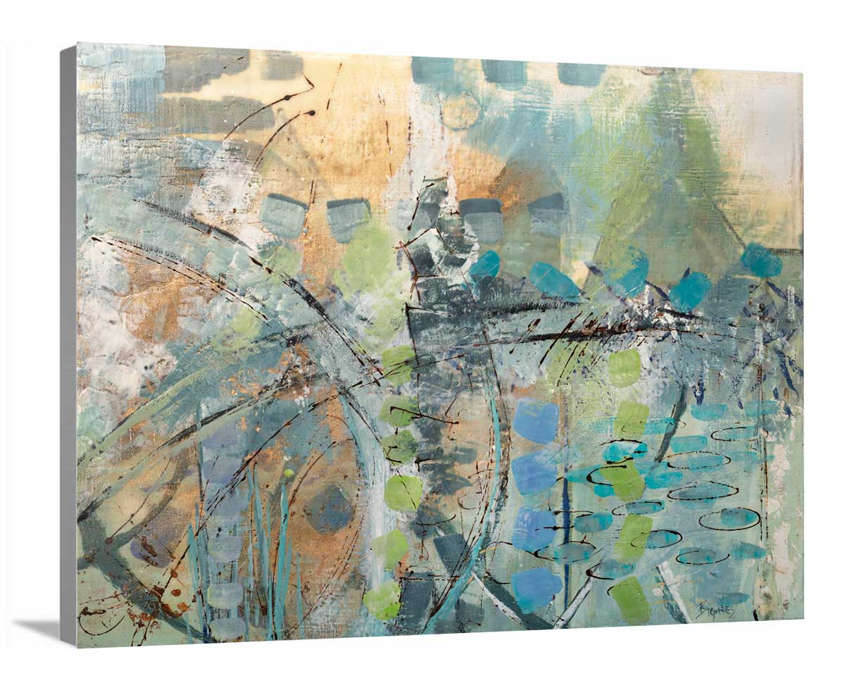 A side-angle view of a blue, green, orange and black abstract print on canvas.