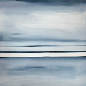 Abstract painting that features blue, cool-grey and white tones that form horizontal lined color blocks with a gradient.