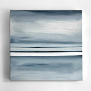 Straight on view of an abstract painting with a mix of blue, grey and white horizontal parallel lines hung on a white wall.