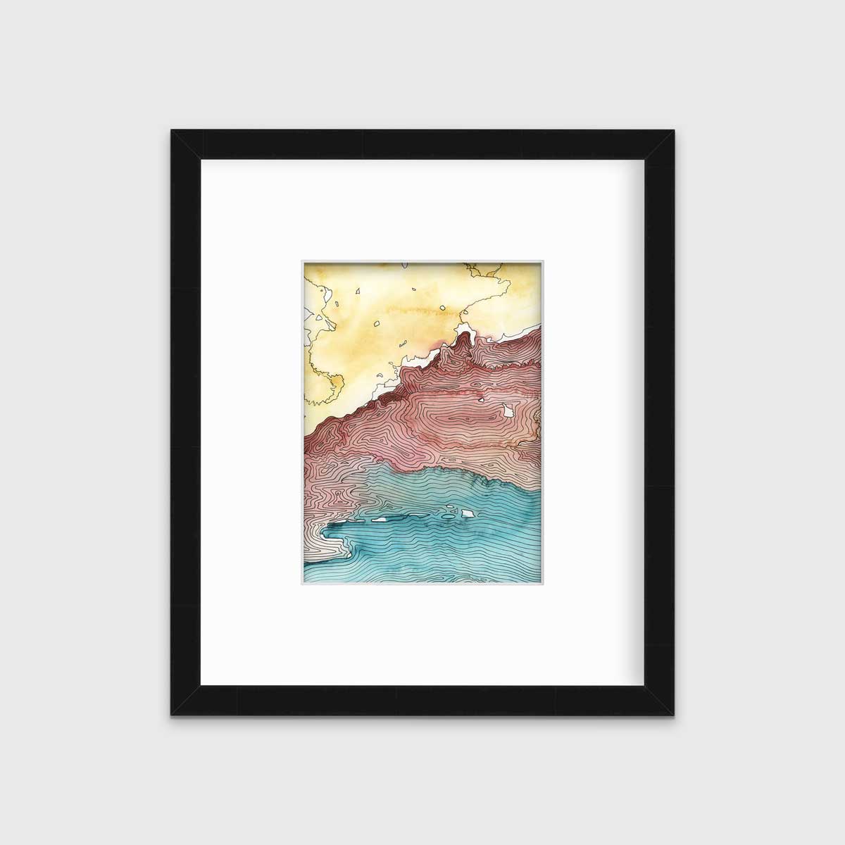 A yellow, dark red, teal and black abstract landscape print in a black frame with a mat hangs on a white wall.