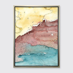 A yellow, dark red, teal and black abstract landscape print in a silver floater frame hangs on a white wall.