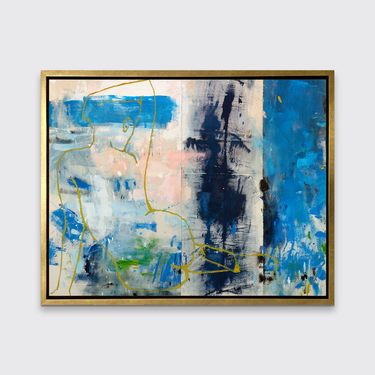 A blue, beige, gold and pink abstract figurative print in a gold floater frame hangs on a white wall.