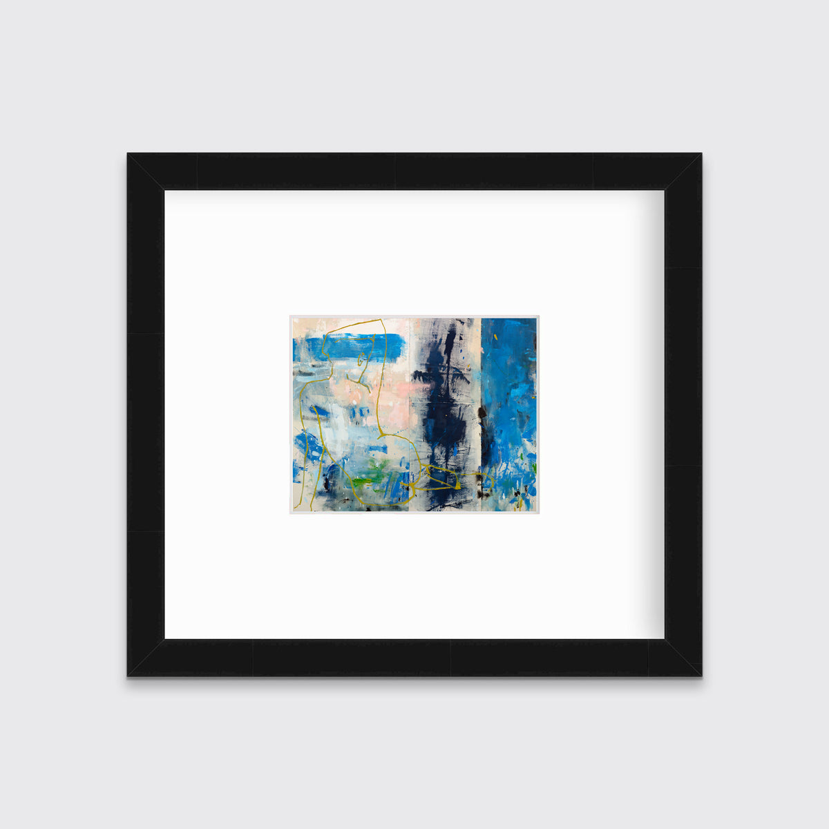A blue, beige, gold and pink abstract figurative print in a black frame with a mat hangs on a white wall.