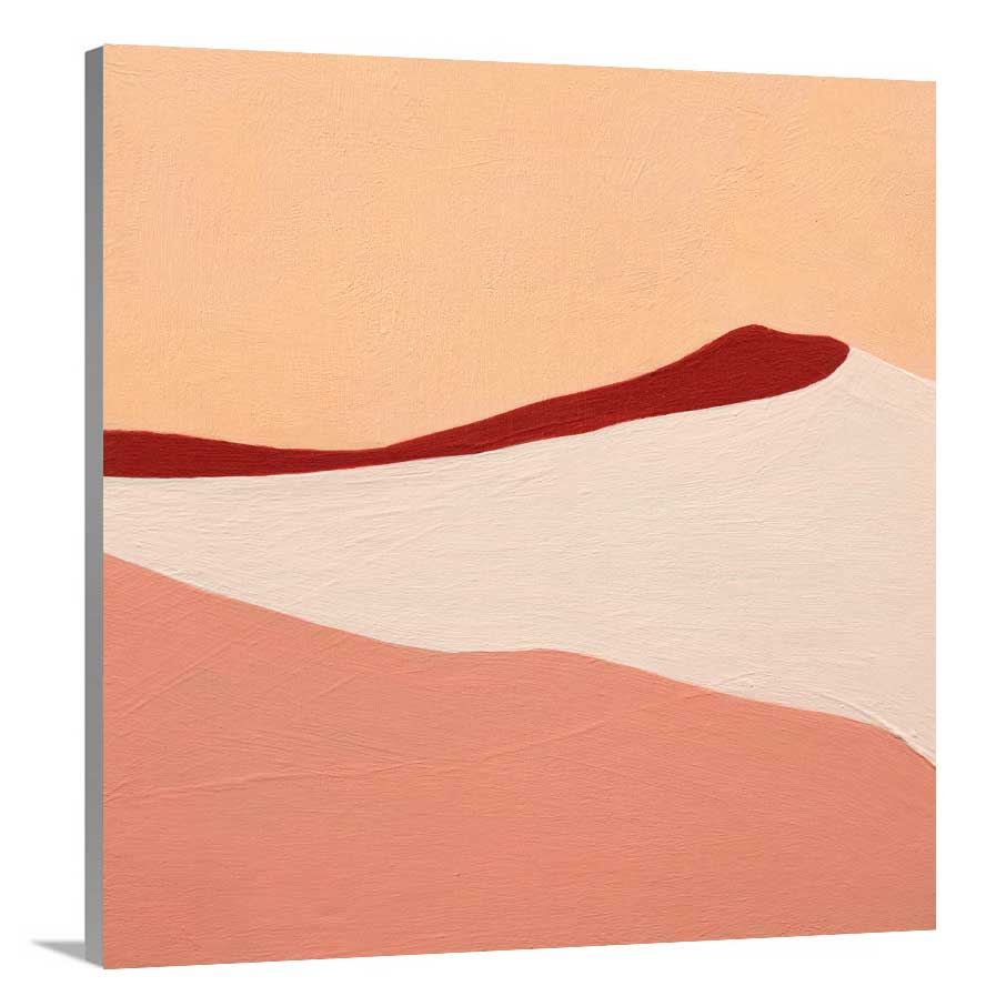 A side-angle view of a red, peach and beige abstract print on canvas.