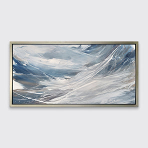 A grey, white and blue abstract print in a silver floater frame hangs on a white wall.