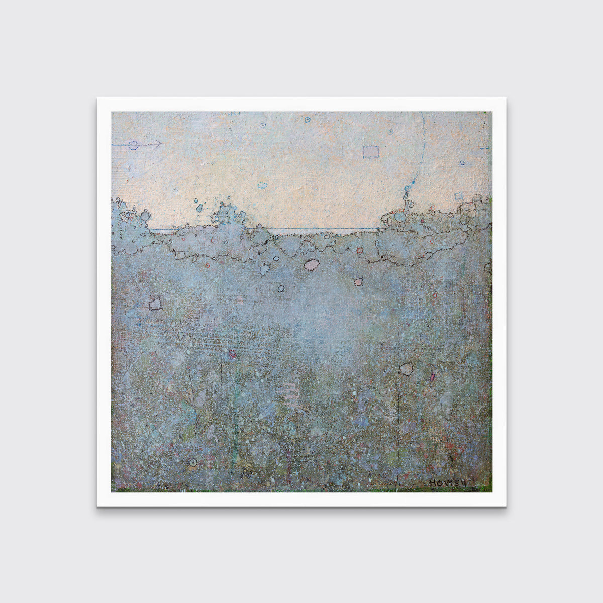 A dark blue abstract landscape in an unmatted white frame hangs on a white wall.