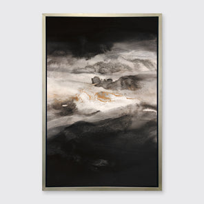 A black, white, beige and gold abstract print in a silver floater frame hangs on a white wall.