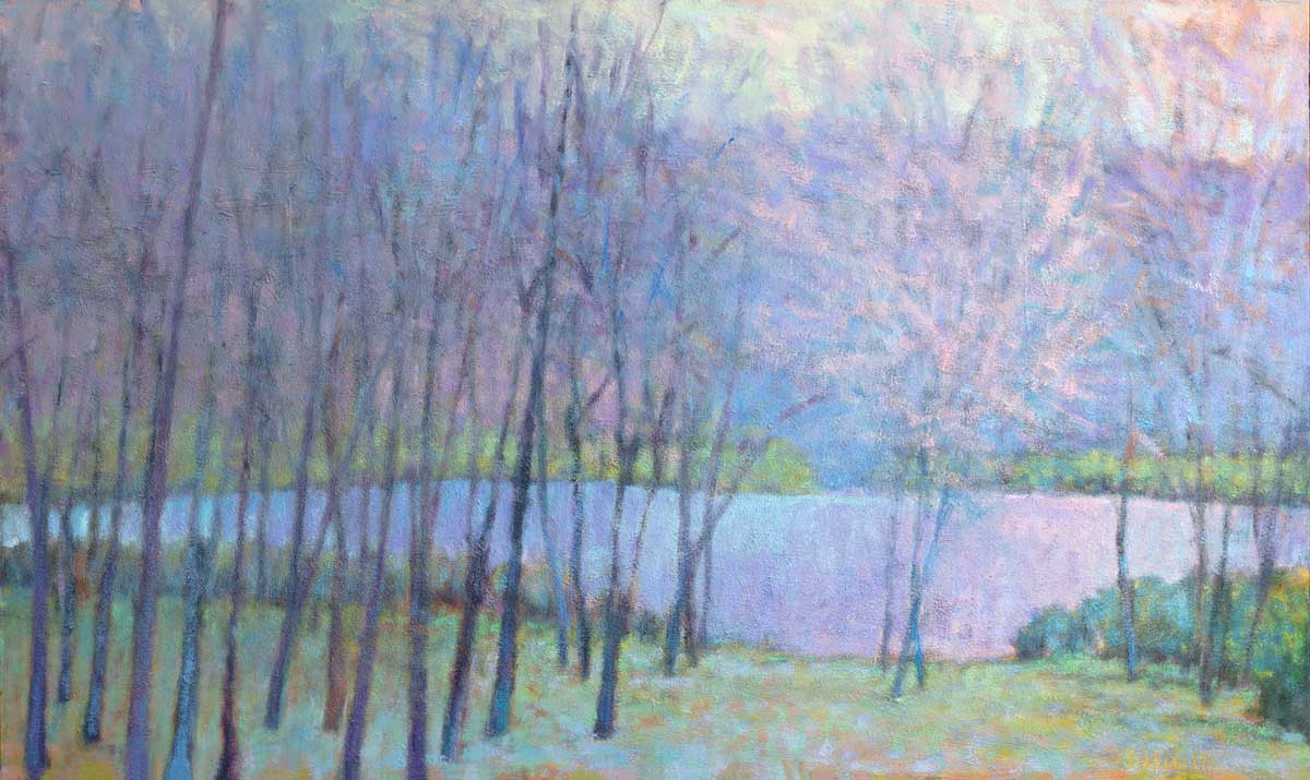A blue, purple and green abstract landscape with trees leading to a river by Ken Elliott.