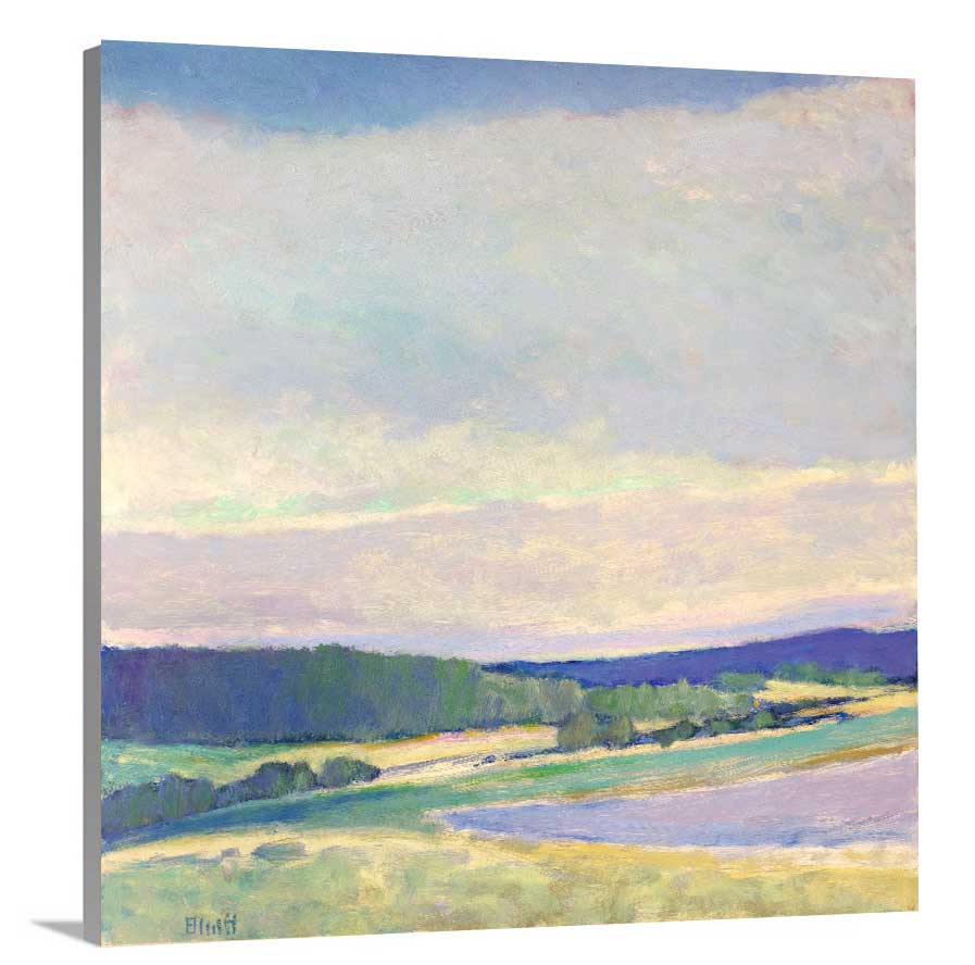 A side-angle view of a blue, purple and green abstract landscape print on canvas.