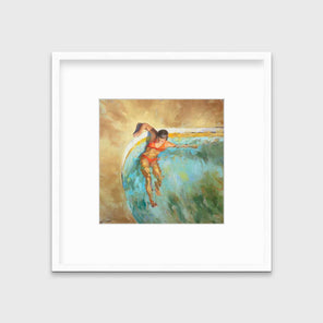 A beige, light blue and orange abstract print of a woman lounging in a corner of a pool in a white frame with a mat hangs on a white wall.
