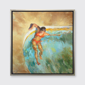 A beige, light blue and orange abstract print of a woman lounging in a corner of a pool in a silver floater frame hangs on a white wall.