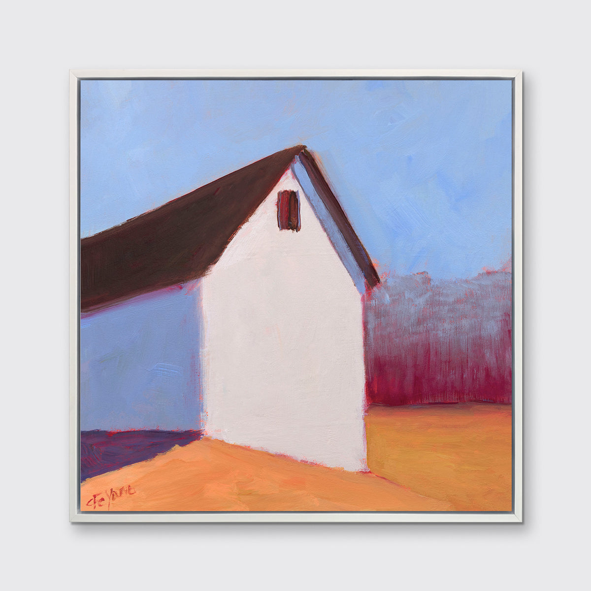 A blue, white, red and orange contemporary barn print in a white floater frame hangs on a white wall.