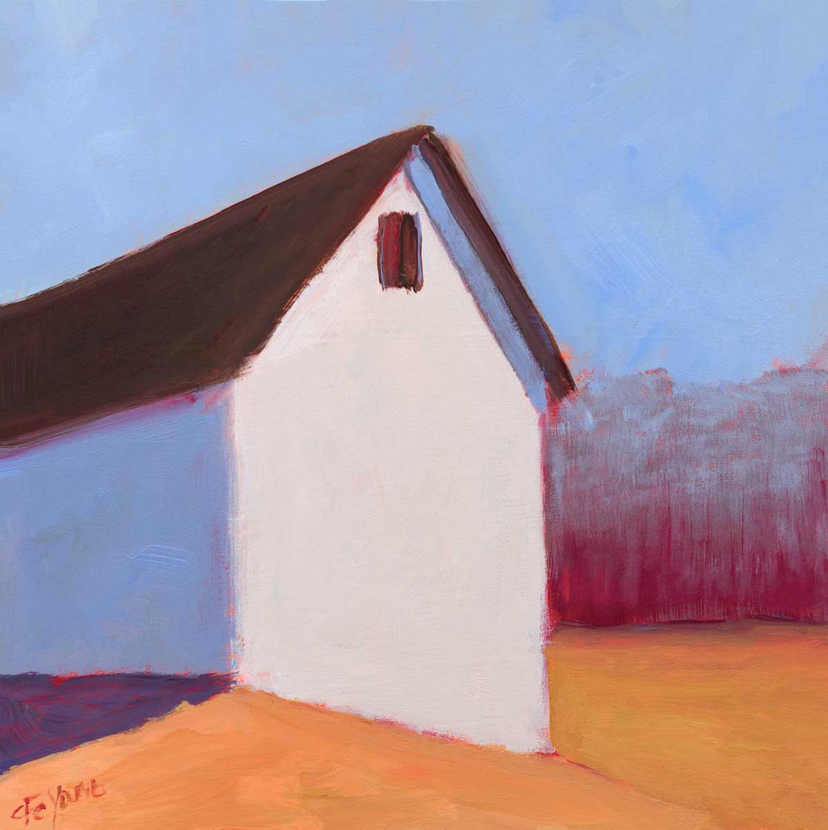 A blue, white, red and orange contemporary barn print by Carol Young.