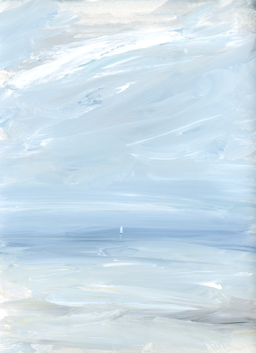 A light blue, white, grey and light beige abstract seascape painting with a sailboat by S. Cora Aldo.
