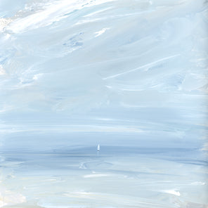 A light blue, white, grey and light beige abstract seascape painting with a sailboat by S. Cora Aldo.