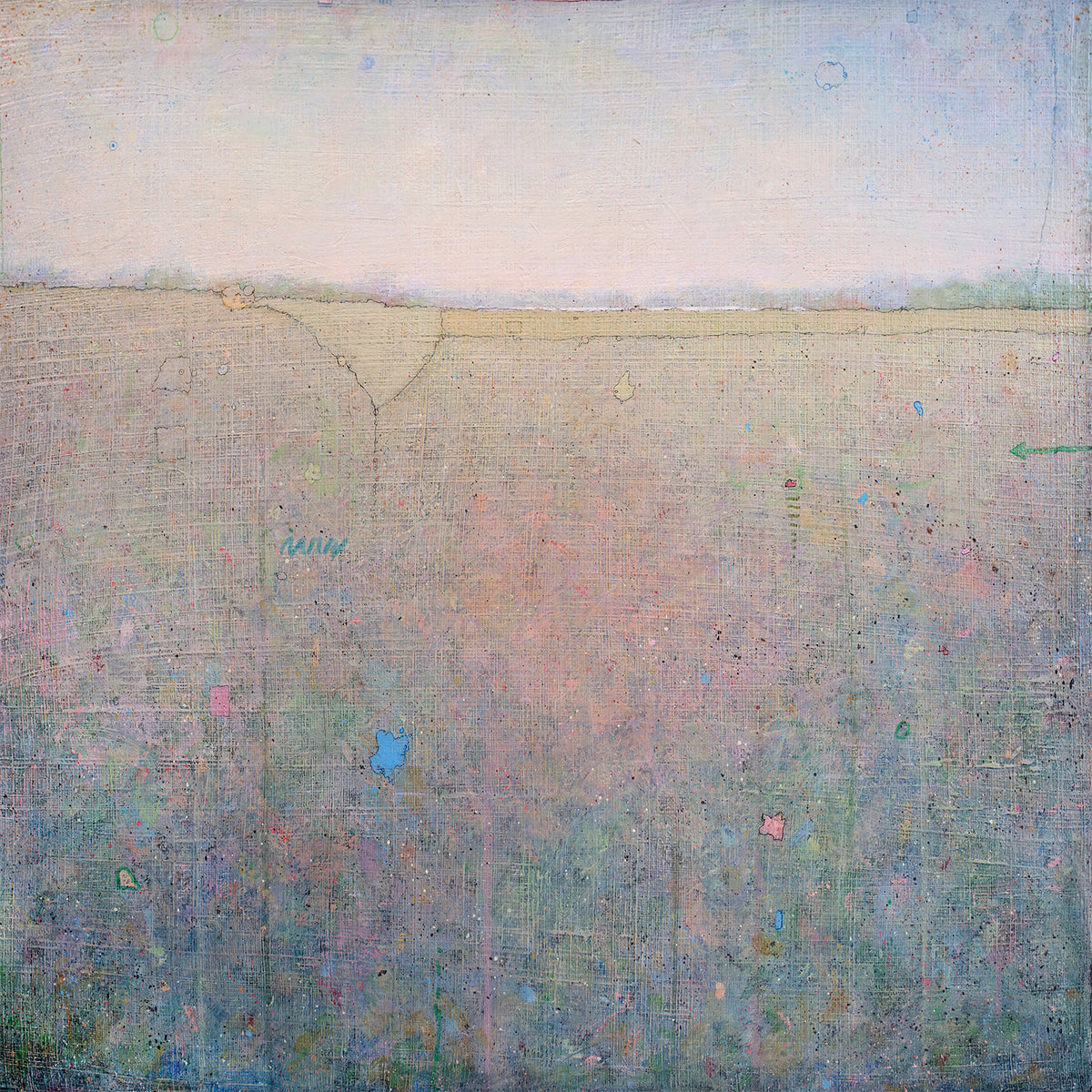 A green, pink and blue abstract landscape print by Elwood Howell.