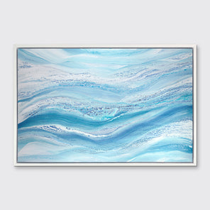 A blue, teal and white abstract print in a white floater frame hangs on a white wall.