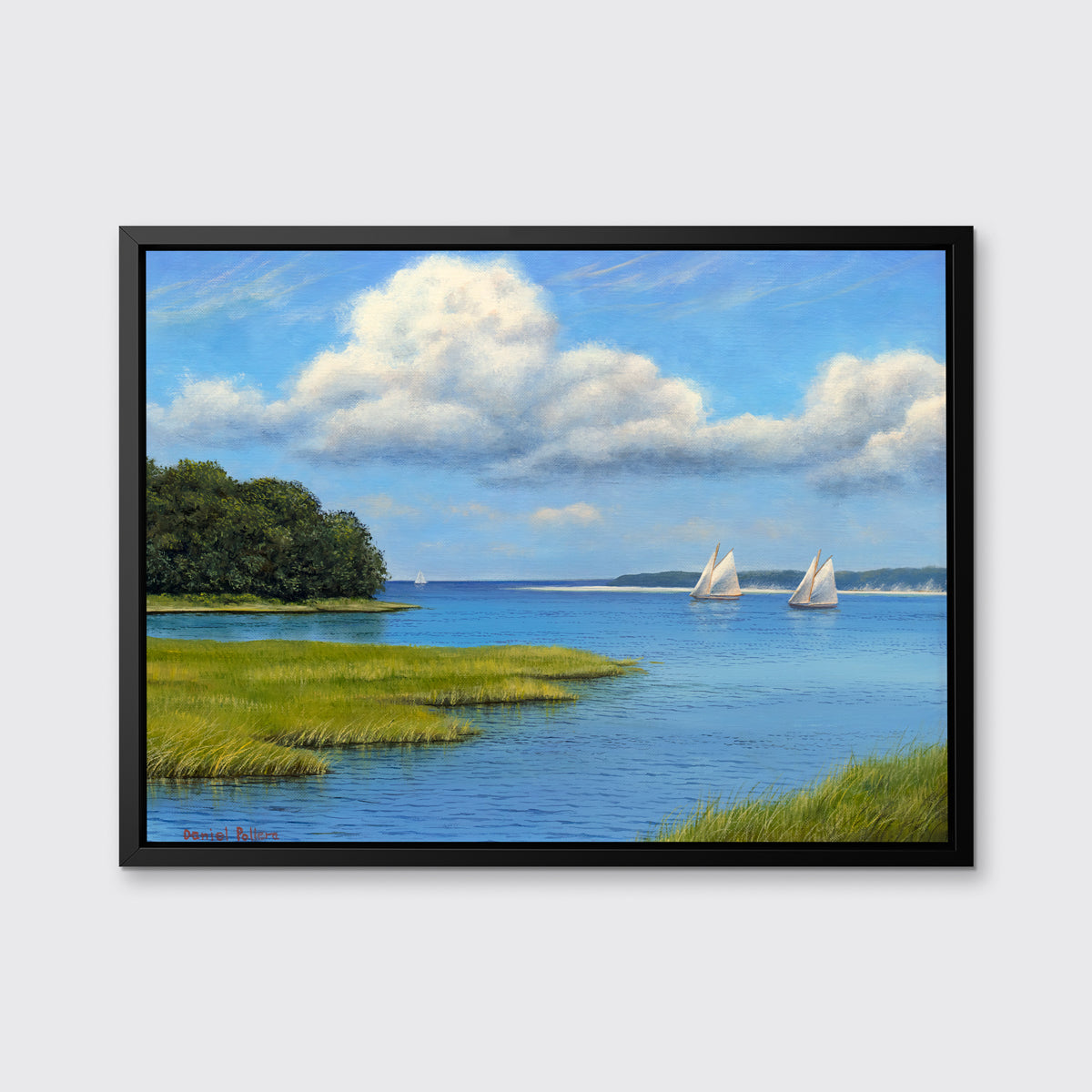 A realist contemporary seascape print with sailboats in a black floater frame hangs on a white wall.