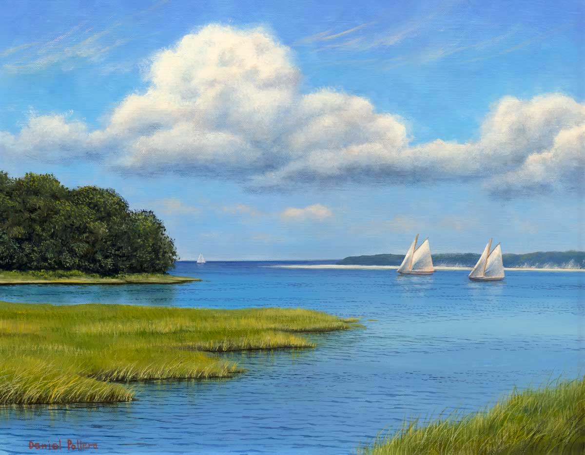 A realist contemporary seascape print with sailboats approaching a marsh land. Billowy white clouds are in the clear blue sky and a land mass in the distance.