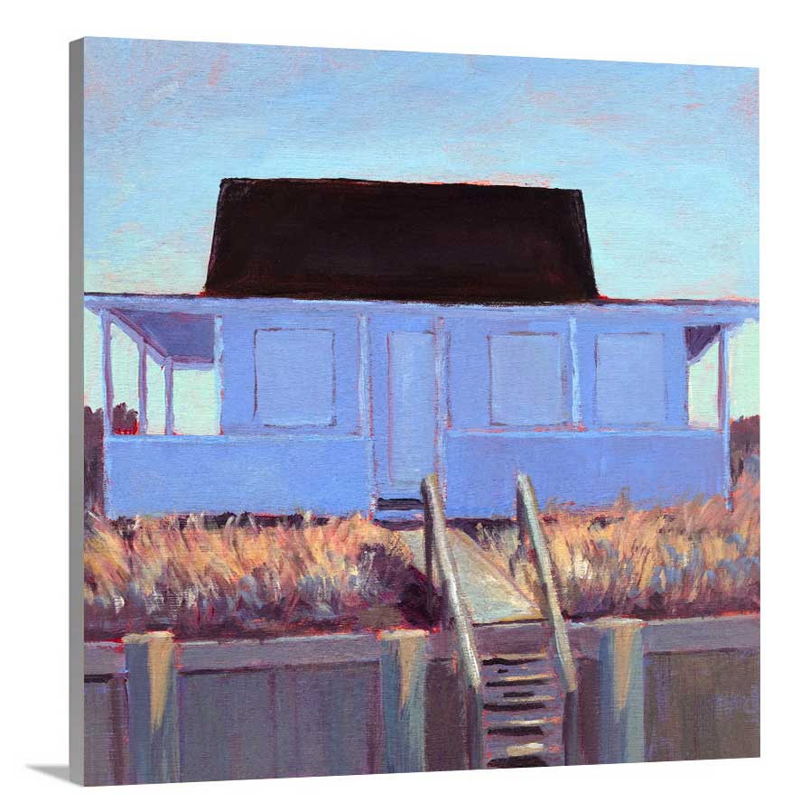 A side-angle view of a light blue, lavender, burnt orange and brown contemporary cottage print on canvas.