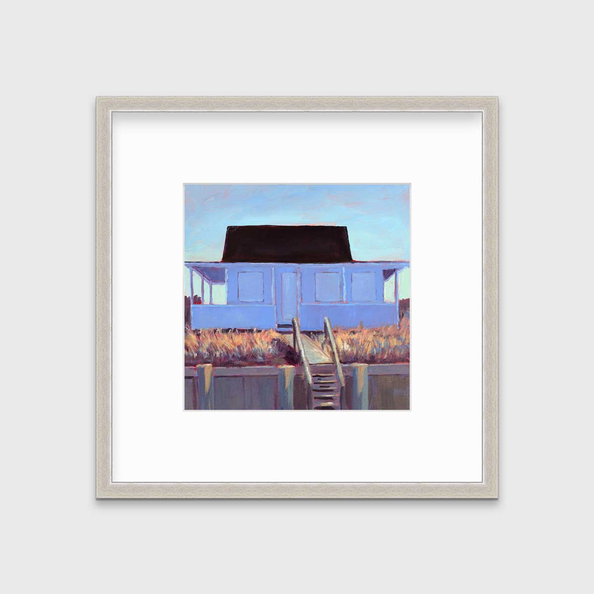 A light blue, lavender, burnt orange and brown contemporary cottage print in a silver frame with a mat hangs on a white wall.