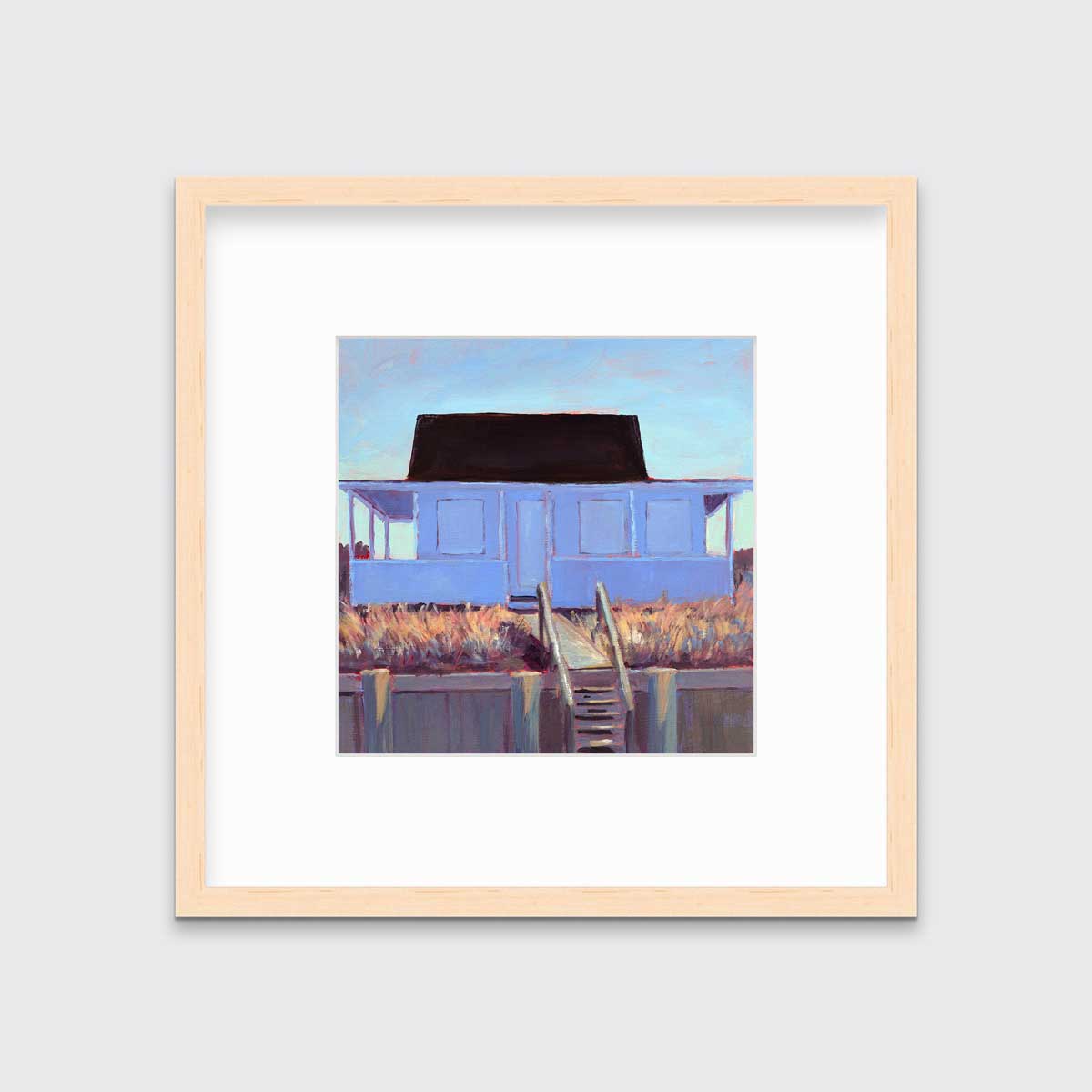 A light blue, lavender, burnt orange and brown contemporary cottage print in a natural wood frame with a frame hangs on a white wall.