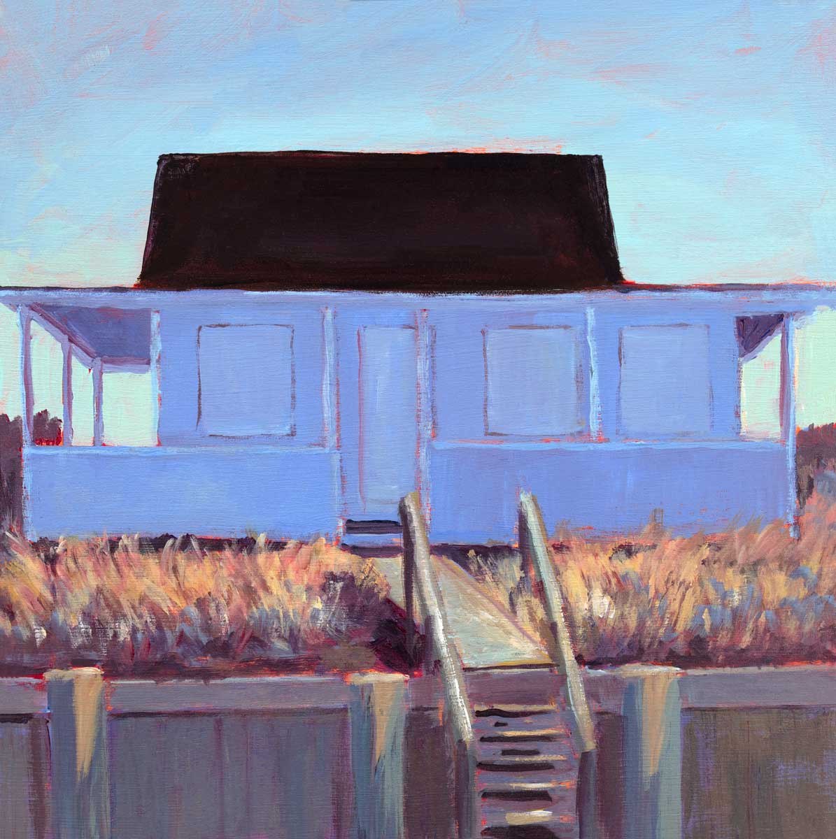A light blue, lavender, burnt orange and brown contemporary cottage print by Carol Young.