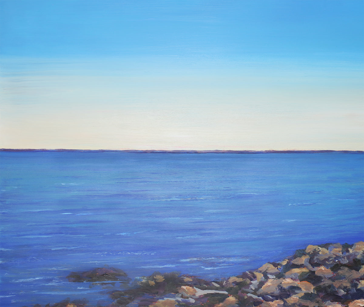 A detail shot of a painting of a house on the water.
