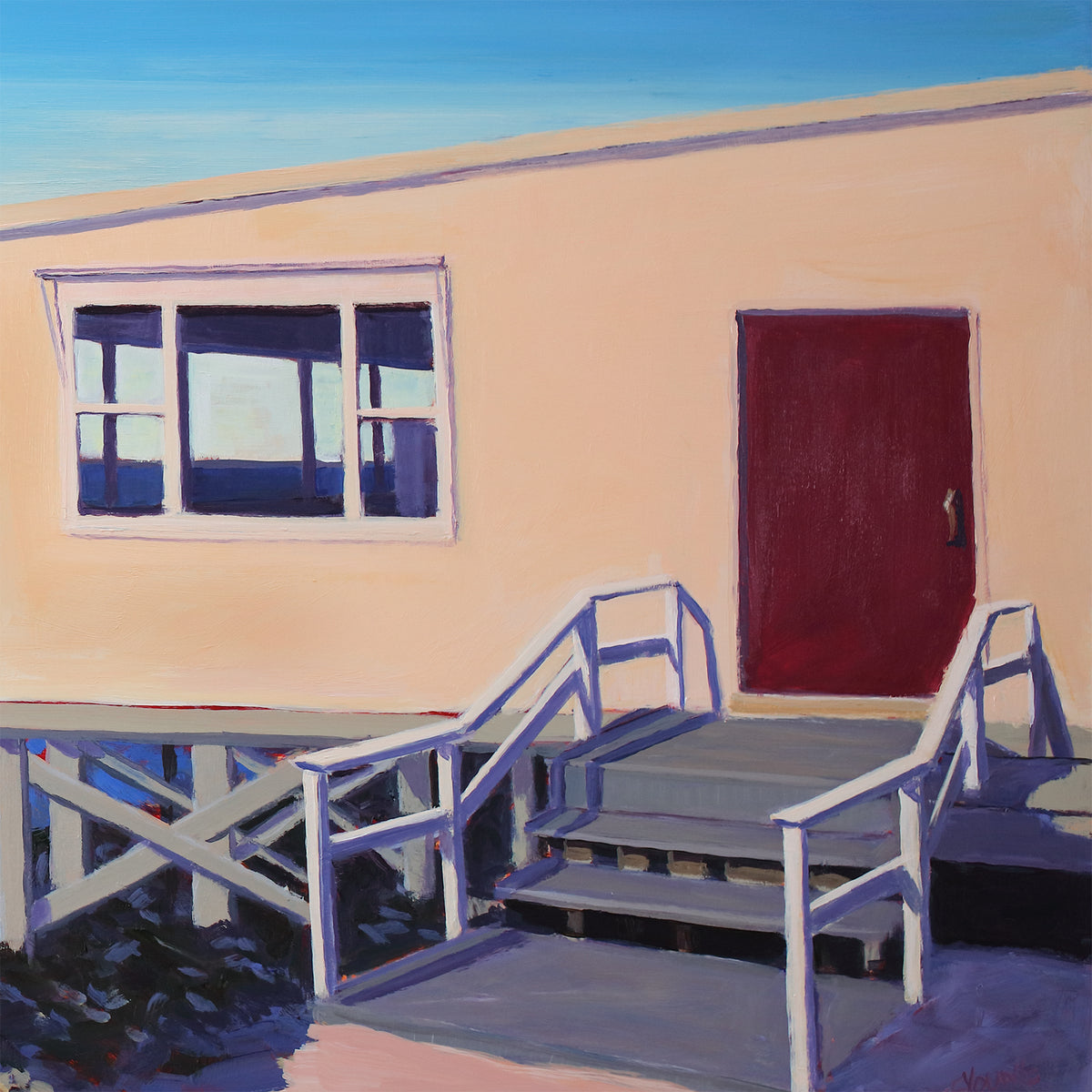 A detail shot of a painting of a house on the water.