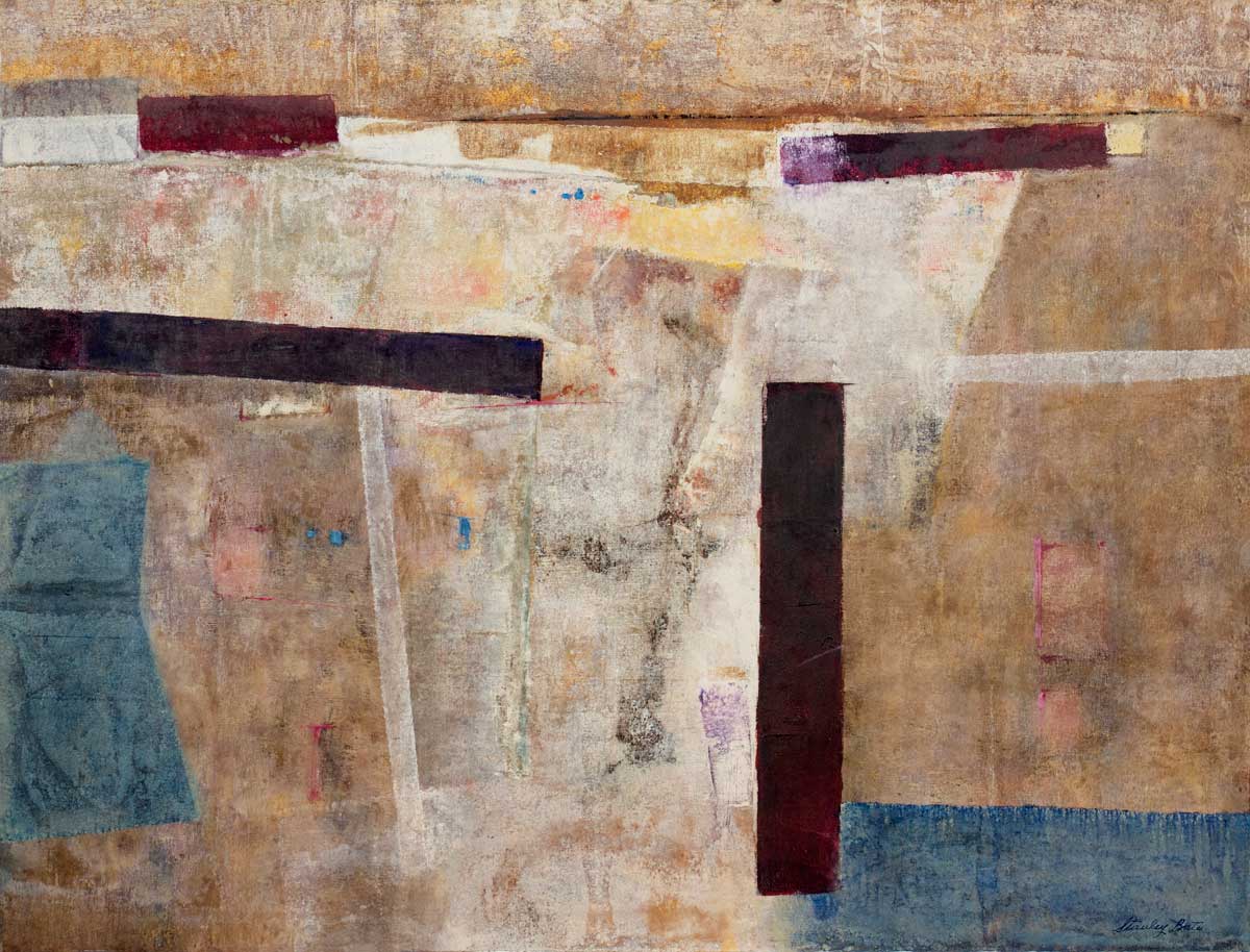 A brown, white and blue modern abstract painting by Stanley Bate.