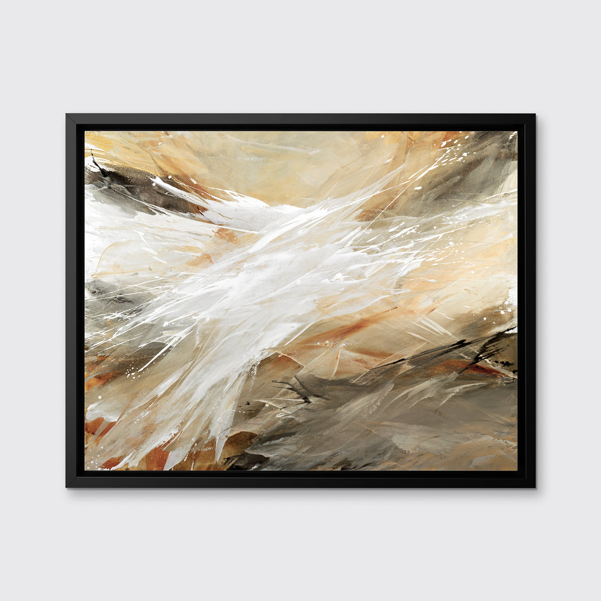 A beige, grey, white and black abstract print in a black floater frame hangs on a white wall.