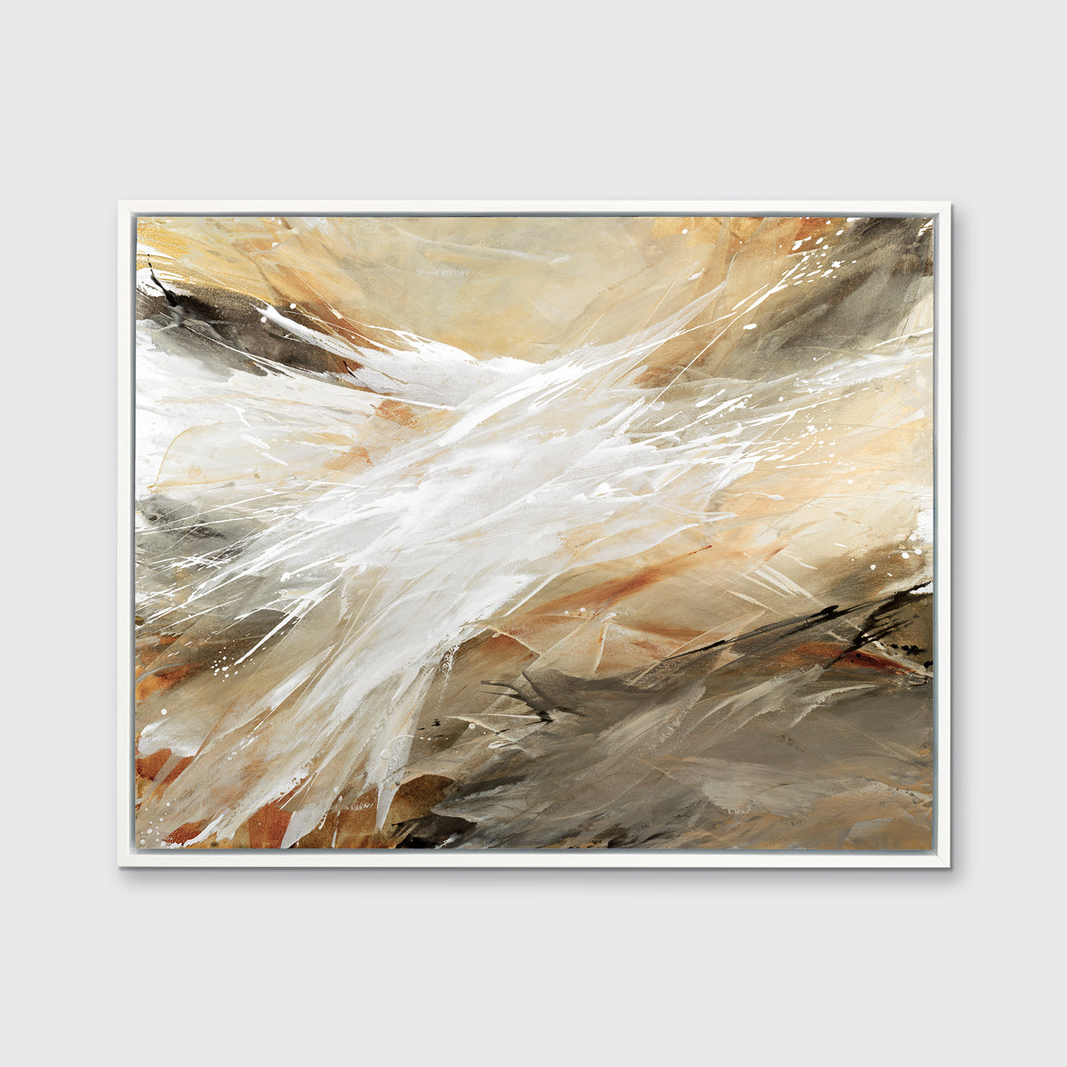 A beige, grey, white and black abstract print in a white floater frame hangs on a white wall.