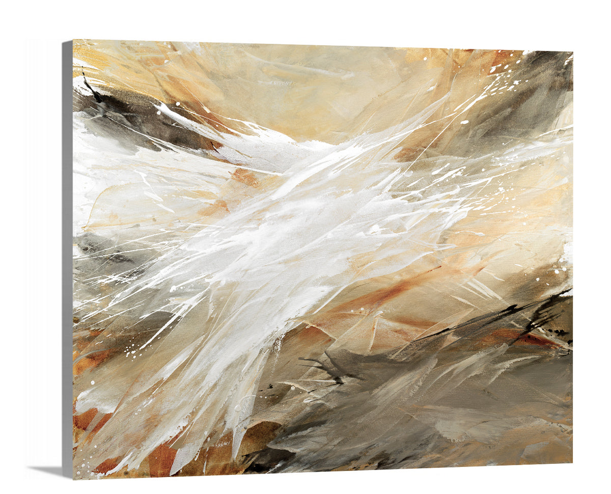 A side-angle view of a beige, grey, white and black abstract print on canvas.