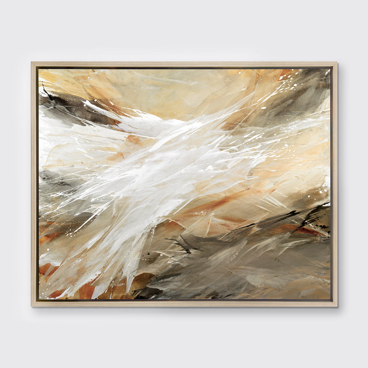 A beige, grey, white and black abstract print in a white oak wood floater frame hangs on a white wall.
