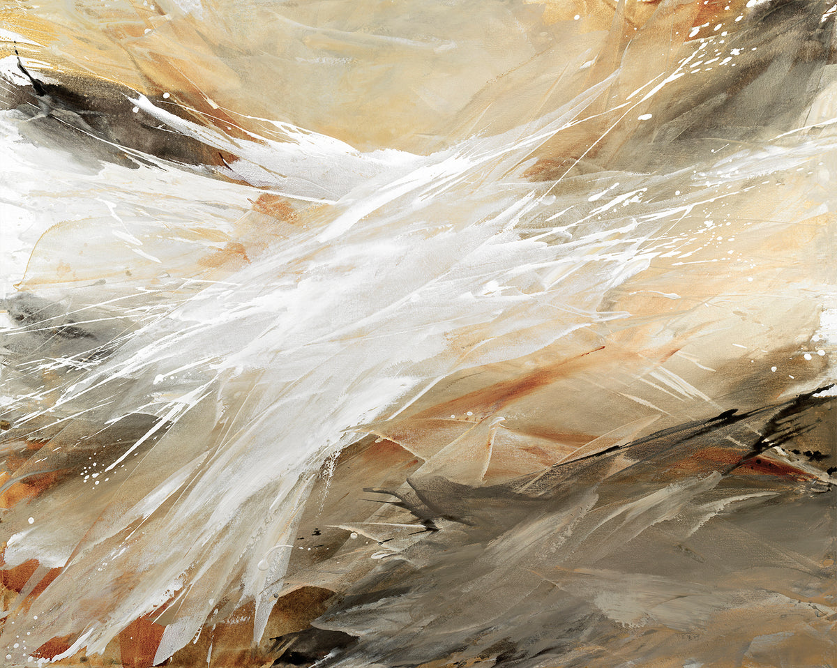 An orange, white, and black abstract painting by Teodora Guererra.