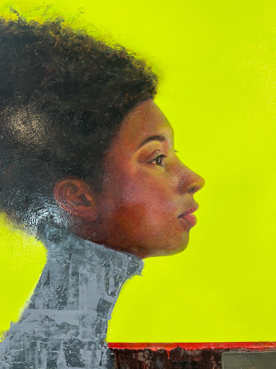 A detail shot of a painting of the side profile of a woman with a beehive hairstyle on a yellow-green background.