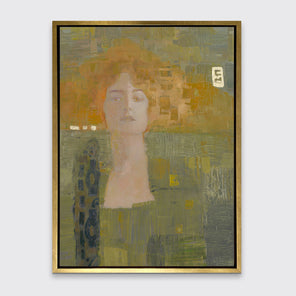 A orange and olive green abstract print of a woman in a gold floater frame hangs on a white wall.