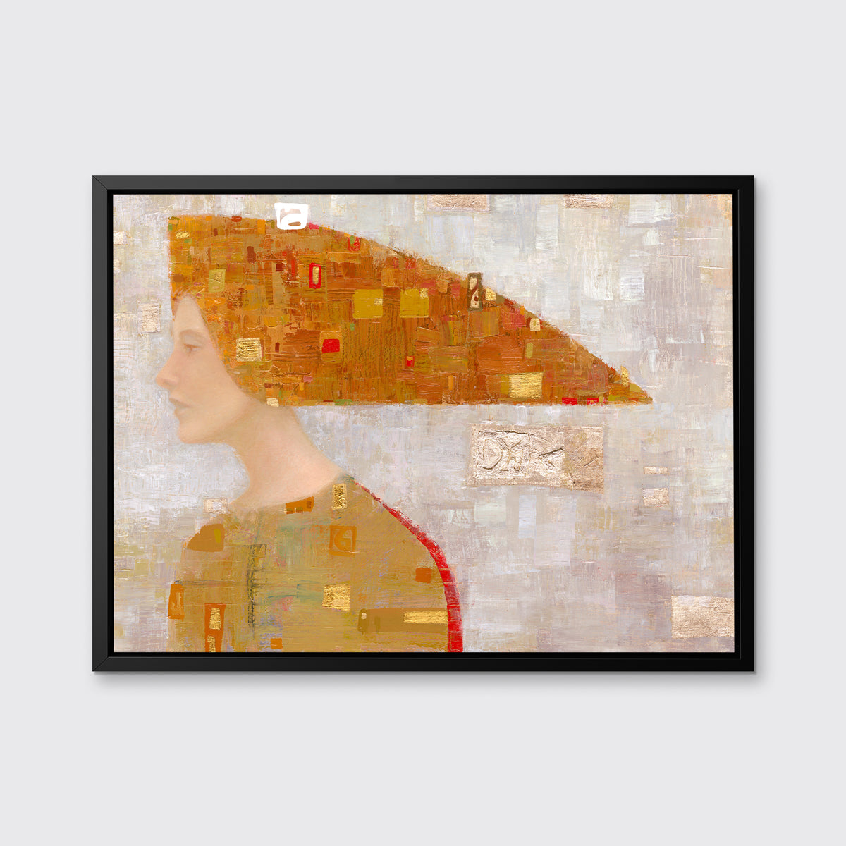 A print of an abstract portrait of a woman in profile wearing a long orange and gold, triangular head piece in a black floater frame hangs on a white wall.