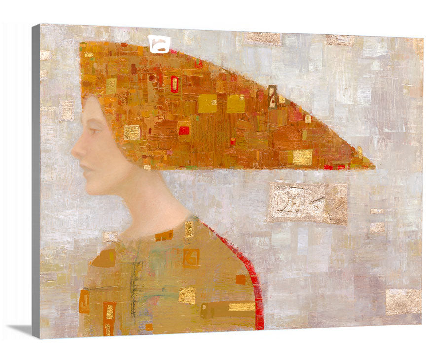 A wrapped canvas print of an abstract portrait of a woman in profile. She wears a long orange and gold, triangular head piece.