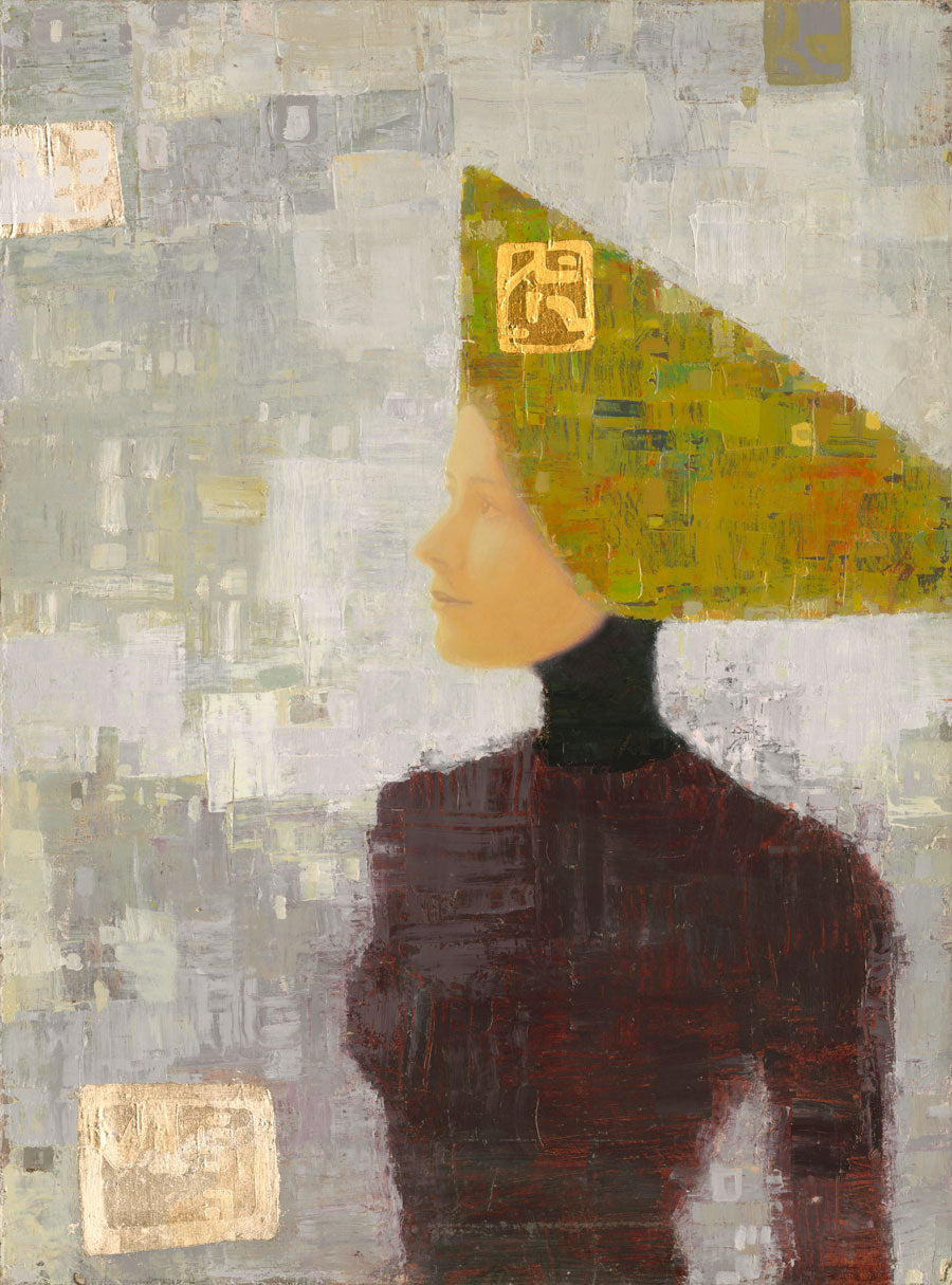 A grey, olive green and dark red abstract print of a woman with a headpiece by Ned Martin.